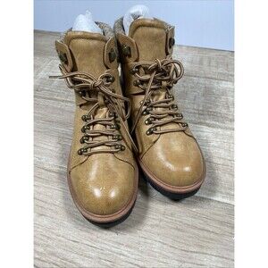 MIA Women’s Lace-Up Hiking Boots Tan Faux Leather Knit Collar Size 11